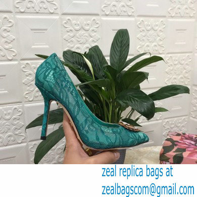 Dolce  &  Gabbana Heel 10.5cm Taormina Lace Pumps Green with Devotion Heart 2021